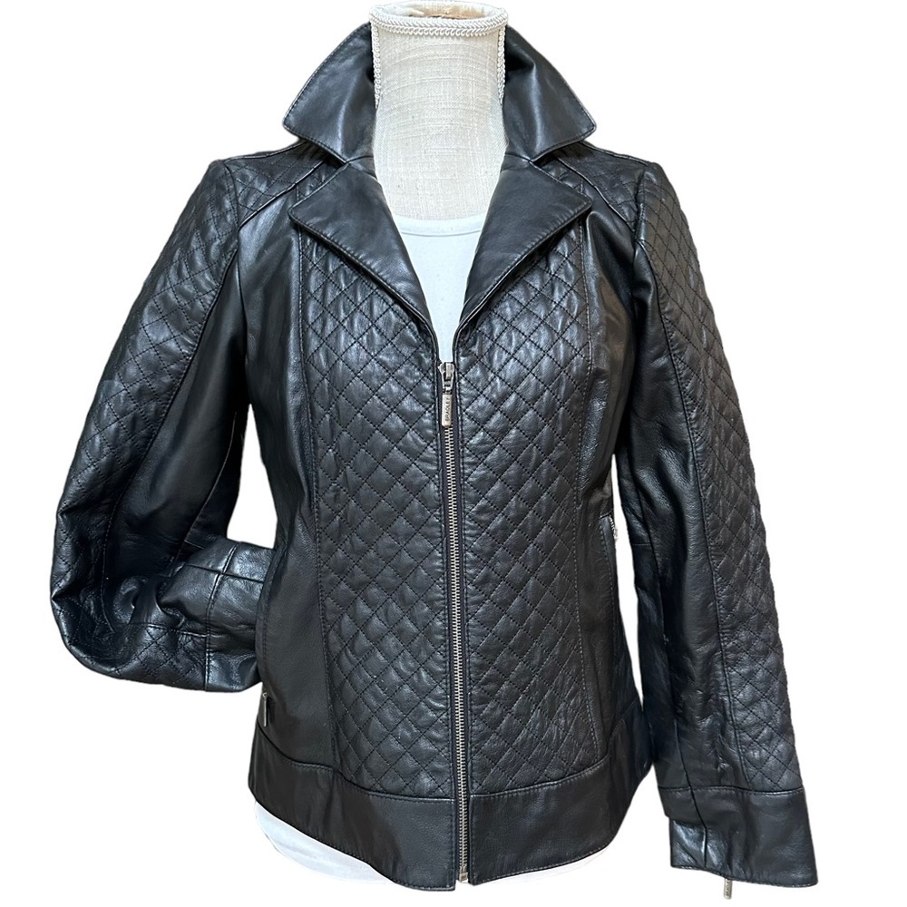 Bradley Bayou‎ Womens Black Biker Full Front Zip Leather Moto Jacket Size SX
